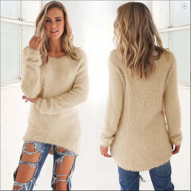 Women Warm Sweater Solid Color O Neck Loose Cotton Knitted Pullover Casual Sweater