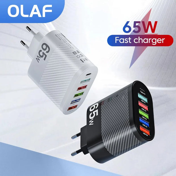 Olaf 65W 5Ports USB Charger PD Charging For Xiaomi iPhone 13 Samsung Mobile Phone Plug Charging