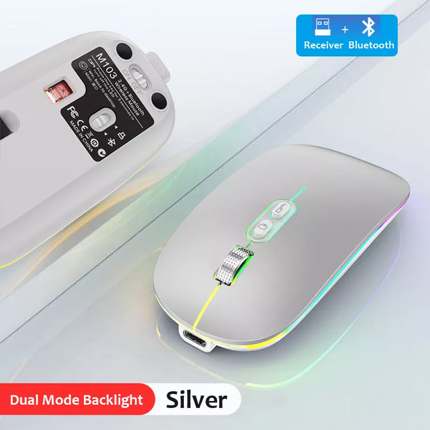 Dual Mode Bluetooth 2.4G Wireless Mouse One Click Desktop Function Type Rechargeable Silent Backlight | UMAR KHAN