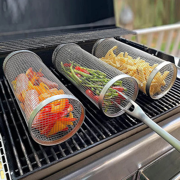BBQ Basket Stainless Steel Rolling Grilling Outdoor Camping Barbecue Rack
